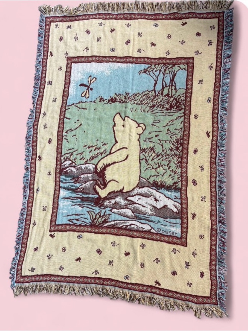 Vintage Disney Winnie the Pooh Woven Tapestry Throw Blanket Fringe 46x70